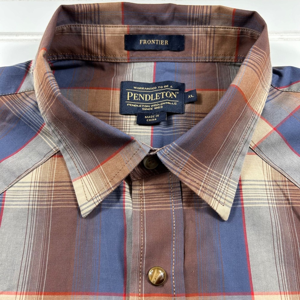 Pendleton Frontier Western Shirt Mens XL Brown Blue Plaid Pearl Snap Long Sleeve